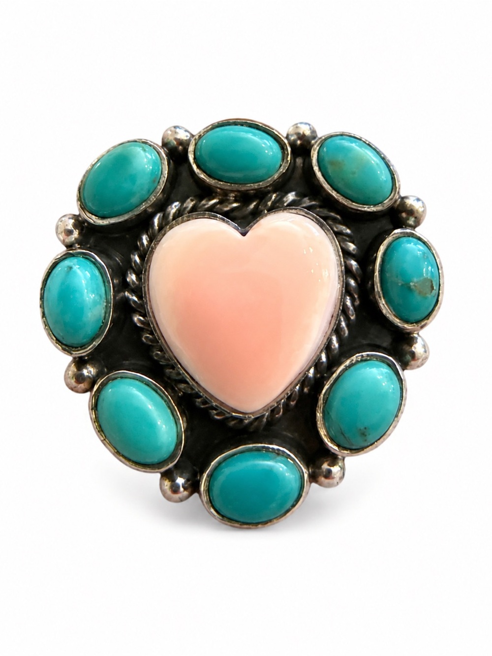 Pink Conch Heart and Kingman Turquoise  Sterling Silver Statement Ring
